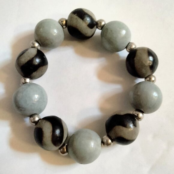 Bling Rescue Jewelry - Bracelet Black Gray Tiger Beads Silver Tone Accents Stretch